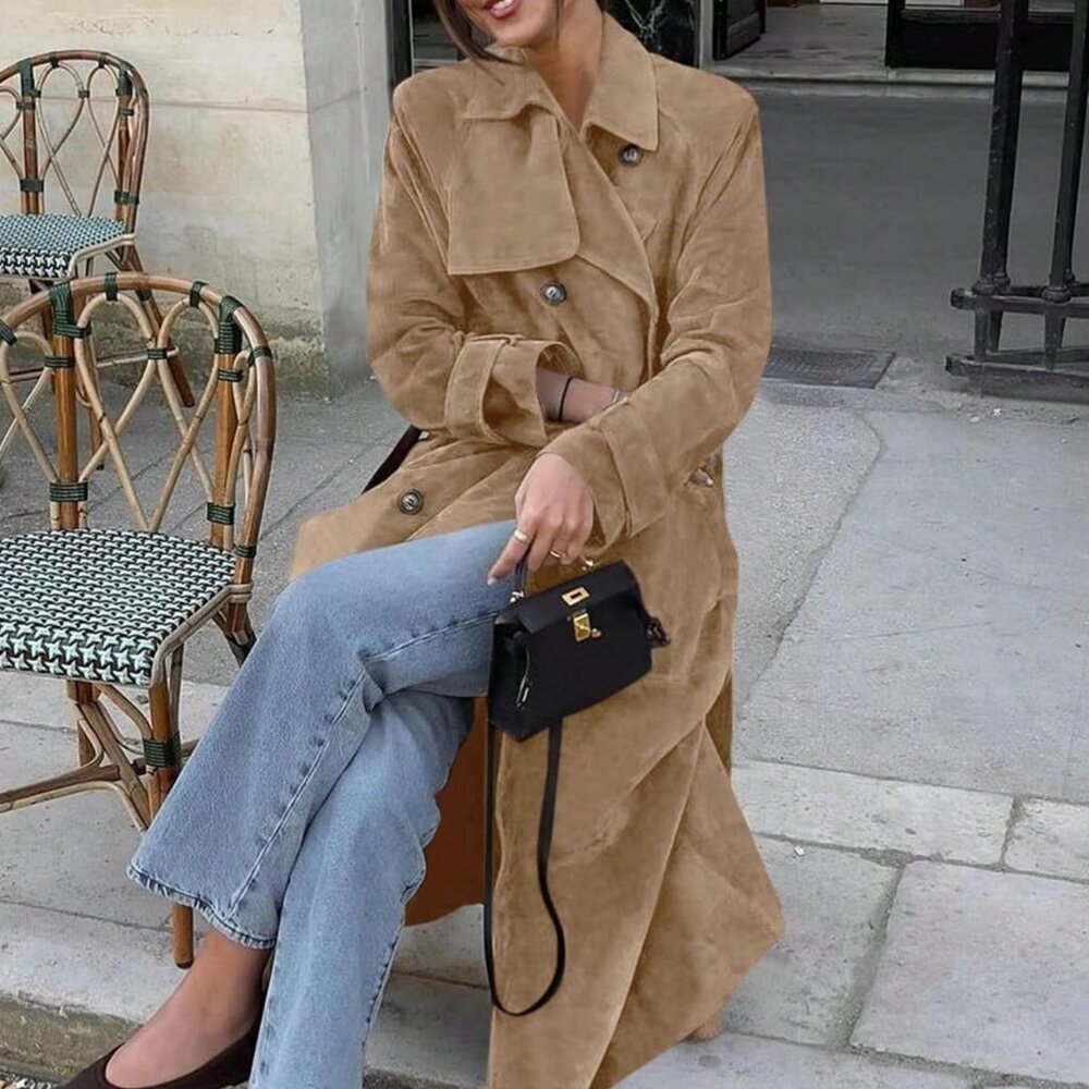 Khaki Elegant Women's Long Faux Suede Double Breasted Trench Coat with Belt - Picture 4 of 6